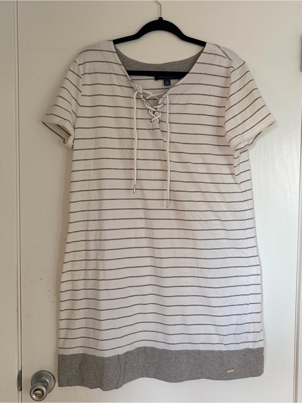 Tommy Hilfiger White and Gray Striped Lace-Up Mini Dress